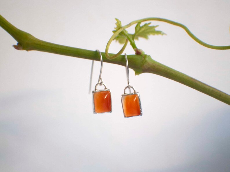 Orange Earrings , Orange Agate Silver Dangle Earrings , Dainty Rectangle Agate Earrings image 1