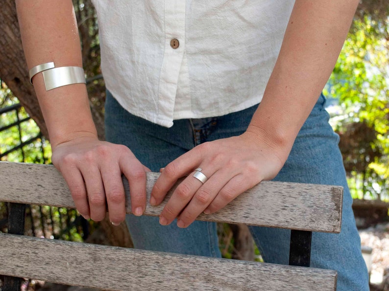 Silver Wrap Bracelet Ring Set , Adjustable Thumb Ring and Bangle Bracelet Set , Wrap Ring Arm Cuff Set image 4