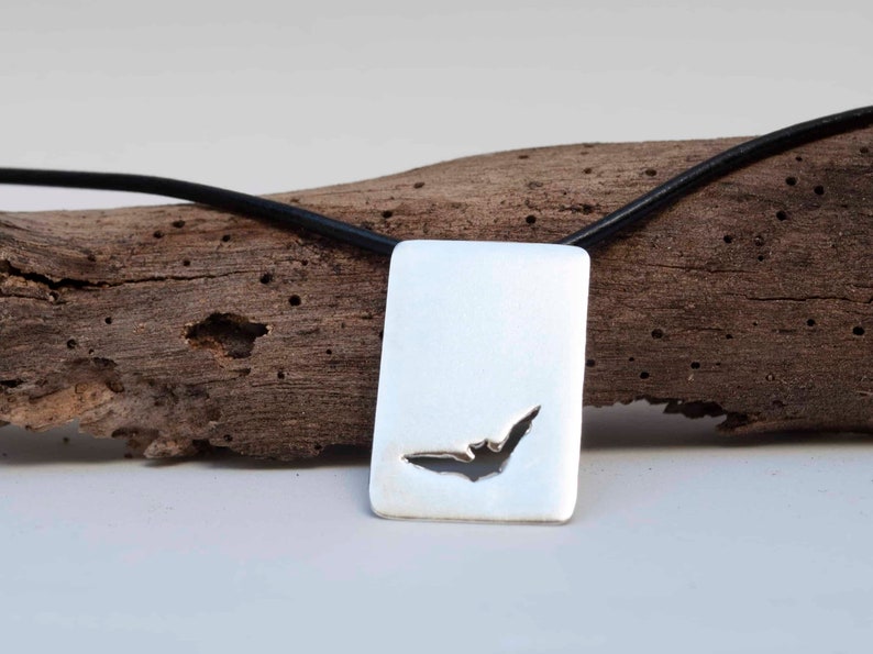 Bat Necklace , Silver Bat Pendant Leather Necklace , Flying Bat Silver Bar Pendant , Gift for Boyfriend image 1