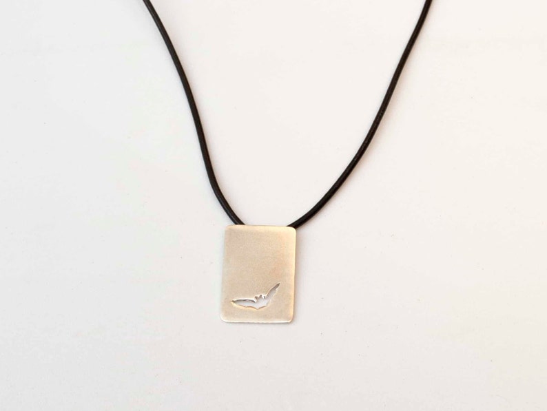 Bat Necklace , Silver Bat Pendant Leather Necklace , Flying Bat Silver Bar Pendant , Gift for Boyfriend image 4