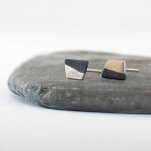 Silver and Black Tiny Stud Earrings , Minimalist Trapeze Mismatched studs , Handmade Silver Earrings image 3