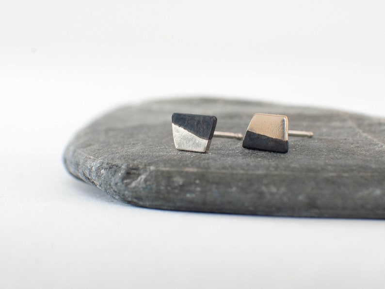 Silver and Black Tiny Stud Earrings , Minimalist Trapeze Mismatched studs , Handmade Silver Earrings image 3