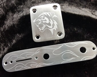 Telecaster/ Stratocaster style Neck Plate aluminium engraved and 'T' style control plate aluminium hand engraved