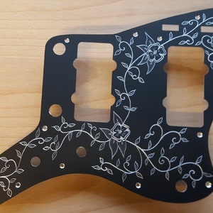 Jazzmaster Black Anodised hand engraved pickguard to fit Fender USA or MIM or Squier Jazzmaster