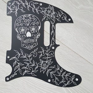 Telecaster hand engraved aluminium pickguard, hand engraved pickguard in black anodised aluminium, Dias de los Muertos