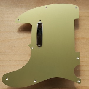 May include: A gold-colored metal guitar pickguard with a single pickup cutout.