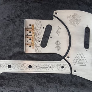Custom made aluminium Telecaster bridge, pickguard and control plate with viking design engraving