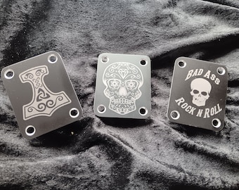 Laser Engraved Guitar Neck Plate  in Satin Black Anodised Aluminium and personalise your own design