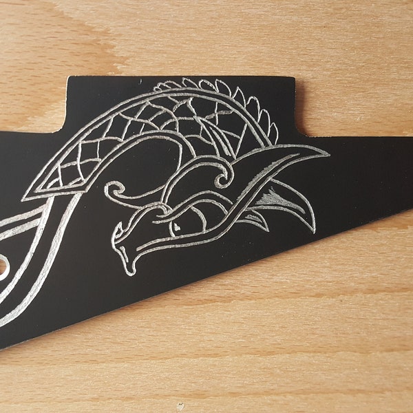 Engraved Les Paul pickguard, hand engraved,  black anodised aluminium , Viking Dragon design