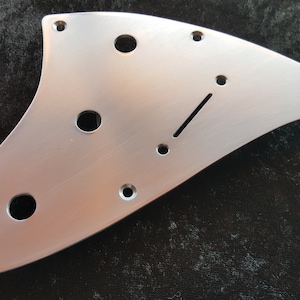 May include: A silver metal guitar pickguard with multiple round holes and a long rectangular slot.
