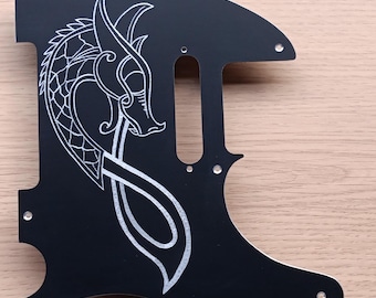 Telecaster black anodised aluminium pickguard with hand engraved viking dragon motif