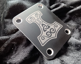 Laser Engraved Guitar Neck Plate  in Satin Black Anodised Aluminium