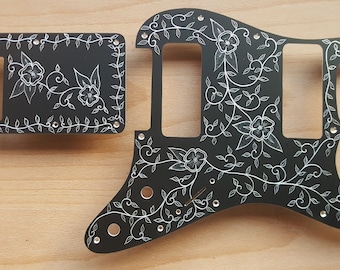 Pickguard Stratocaster gravé à la main pour micros double barre de savon P90 fait main en noir anodisé, or anodisé ou aluminium naturel