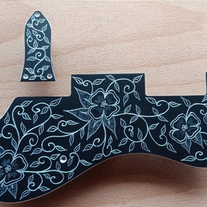 Aluminium slagplaat en truss rodcover, met de hand gegraveerd om te passen op een eerdere Epiphone Dot-gitaar, met de hand gemaakt op maat