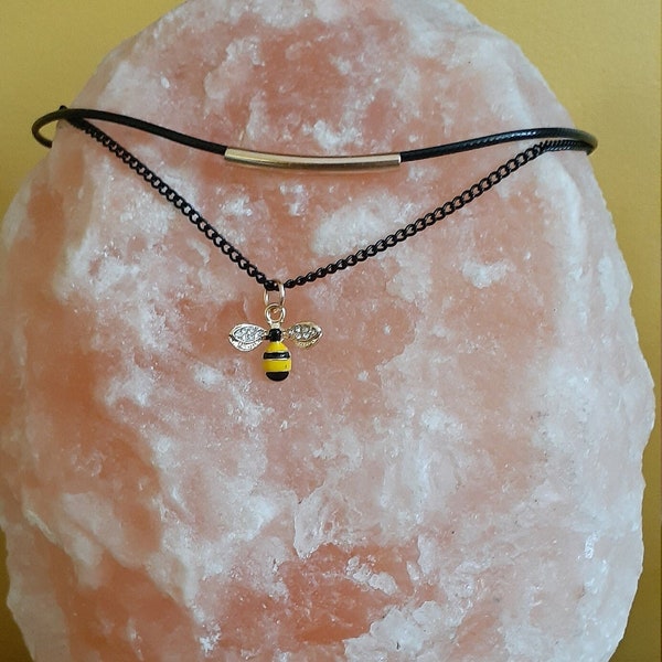 Black choker necklace, bee necklace and charm, choker necklace for girl and woman.