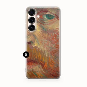 May include: A rectangular smartphone case featuring a printed reproduction of a textured oil painting with visible brushstrokes in shades of orange, red, yellow, and green. The design includes a prominent green eye and a black number five icon.
