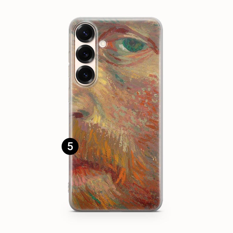 May include: A rectangular smartphone case featuring a printed reproduction of a textured oil painting with visible brushstrokes in shades of orange, red, yellow, and green. The design includes a prominent green eye and a black number five icon.