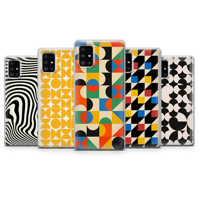 May include: Five different phone cases with geometric patterns. The cases are clear and show off the patterns underneath. The patterns include black and white stripes, yellow circles, colorful squares and circles, black and white squares, and black and white circles.