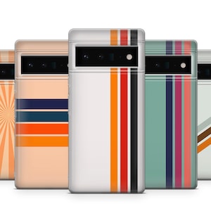 May include: Four phone cases with different striped patterns. The cases are white, peach, light blue, and grey with various coloured stripes.