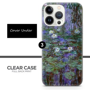 May include: A clear phone case with a full back print of a painting of water lilies. The case has a raised camera bump with three lenses.
