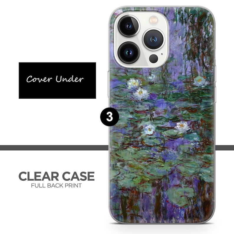 May include: A clear phone case with a full back print of a painting of water lilies. The case has a raised camera bump with three lenses.
