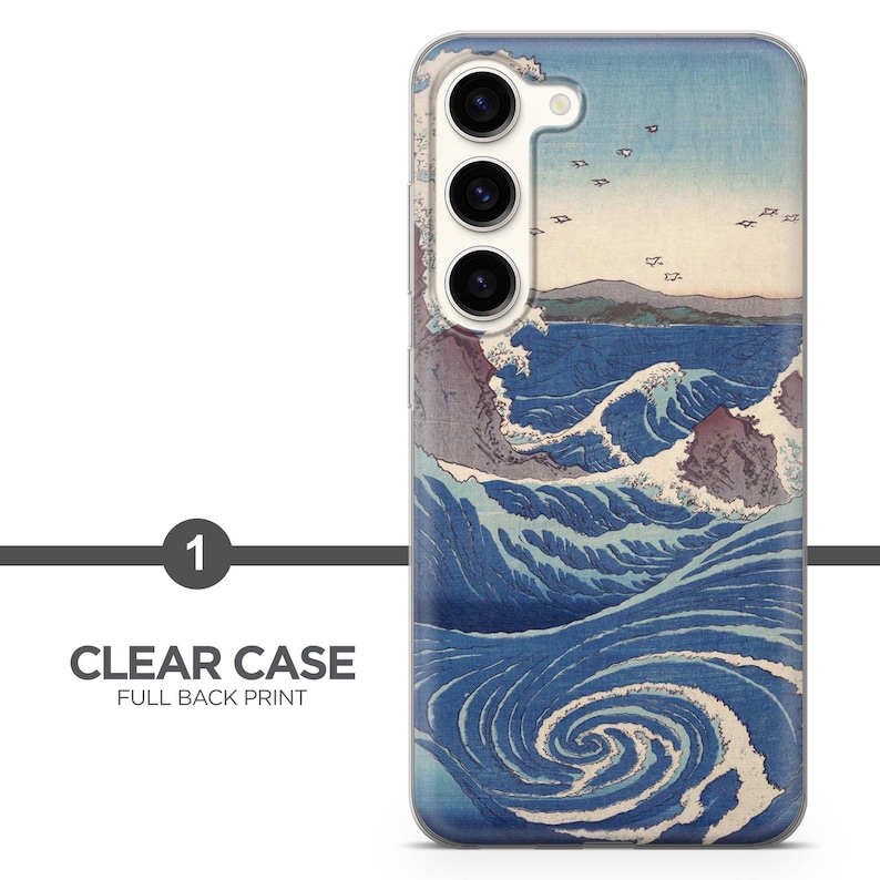 May include: A clear smartphone case featuring a full back print of a Japanese woodblock style ocean scene with a large swirling wave, dark blue water, rocky cliffs, and small birds flying in a pale sky, with three camera lenses visible at the top.