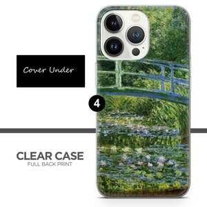 May include: A clear phone case with a full back print of a painting of a bridge over a pond with water lilies. The painting is in a style reminiscent of Impressionism.