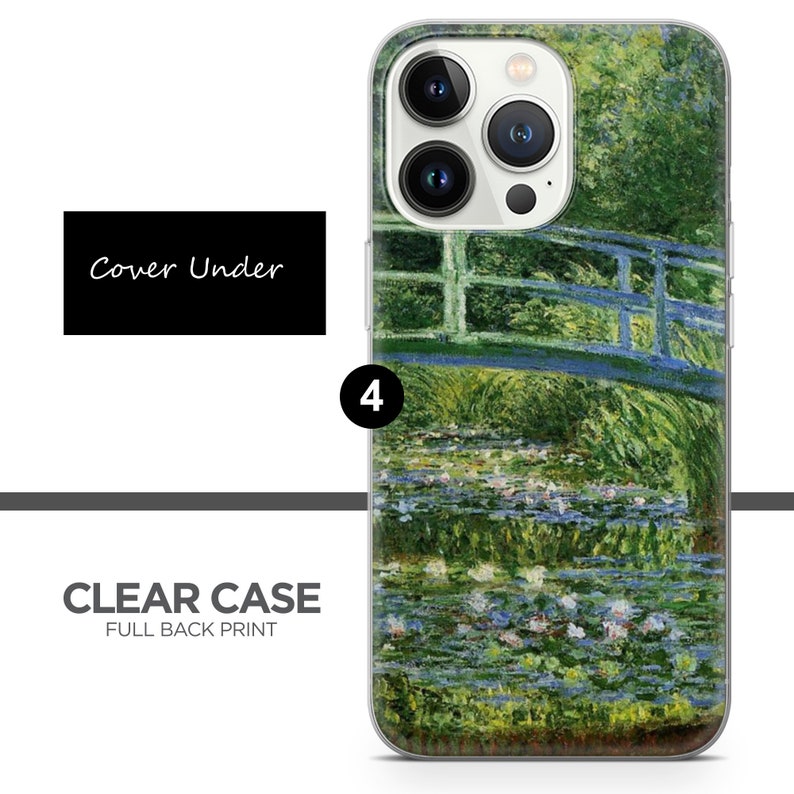 May include: A clear phone case with a full back print of a painting of a bridge over a pond with water lilies. The painting is in a style reminiscent of Impressionism.