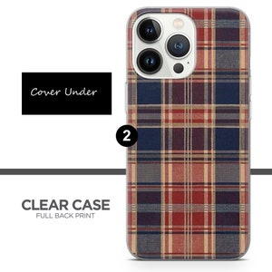 Peut inclure: Coque de t&eacute;l&eacute;phone transparente avec un motif &agrave; carreaux rouge, bleu et blanc. La coque a un imprim&eacute; sur toute la surface arri&egrave;re et est compatible avec les mod&egrave;les iPhone.