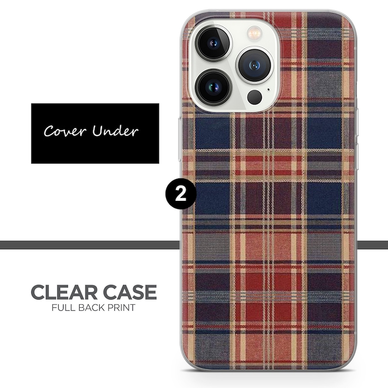 Peut inclure: Coque de t&eacute;l&eacute;phone transparente avec un motif &agrave; carreaux rouge, bleu et blanc. La coque a un imprim&eacute; sur toute la surface arri&egrave;re et est compatible avec les mod&egrave;les iPhone.