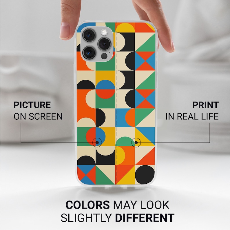 May include: A clear phone case with a geometric pattern in shades of red, orange, yellow, green, blue, and black. The case is designed for a phone with a triple camera lens.