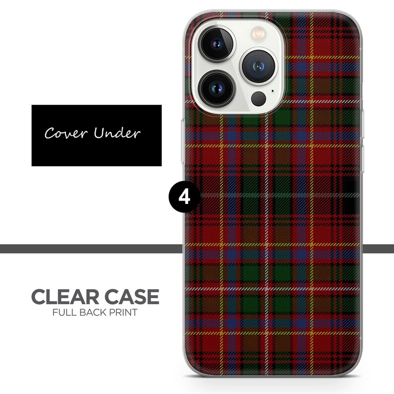 Peut inclure: Une coque de t&eacute;l&eacute;phone transparente avec un motif &eacute;cossais rouge, vert, bleu et jaune. La coque est con&ccedil;ue pour un t&eacute;l&eacute;phone avec un syst&egrave;me de triple cam&eacute;ra. Le texte "Cover Under" est visible sur l'image.