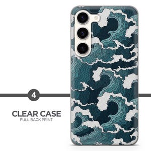 May include: A clear smartphone case featuring a full back print of stylized ocean waves in shades of dark teal, light blue, and white. The design includes intricate line work depicting rolling water patterns across the entire back surface.