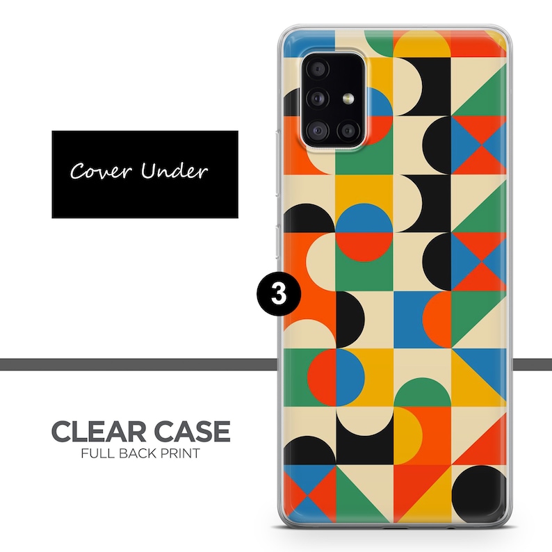 May include: A clear phone case with a geometric pattern in shades of red, yellow, blue, green, and black. The case has a full back print and is compatible with a Samsung Galaxy phone.