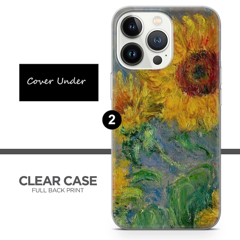May include: Clear phone case with a full back print of a painting of sunflowers. The painting is in a style reminiscent of Vincent van Gogh. The case is compatible with iPhone 13 Pro.