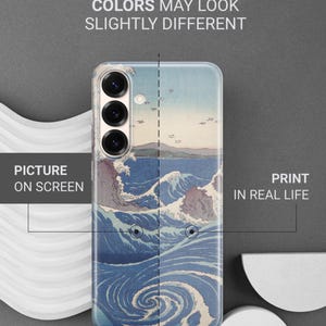 May include: A smartphone case featuring a blue and white ocean wave print. Text on the image reads: THIS IS DURABLE UV PRINT, COLORS MAY LOOK SLIGHTLY DIFFERENT, PICTURE ON SCREEN, PRINT IN REAL LIFE. The case has three circular camera cutouts.