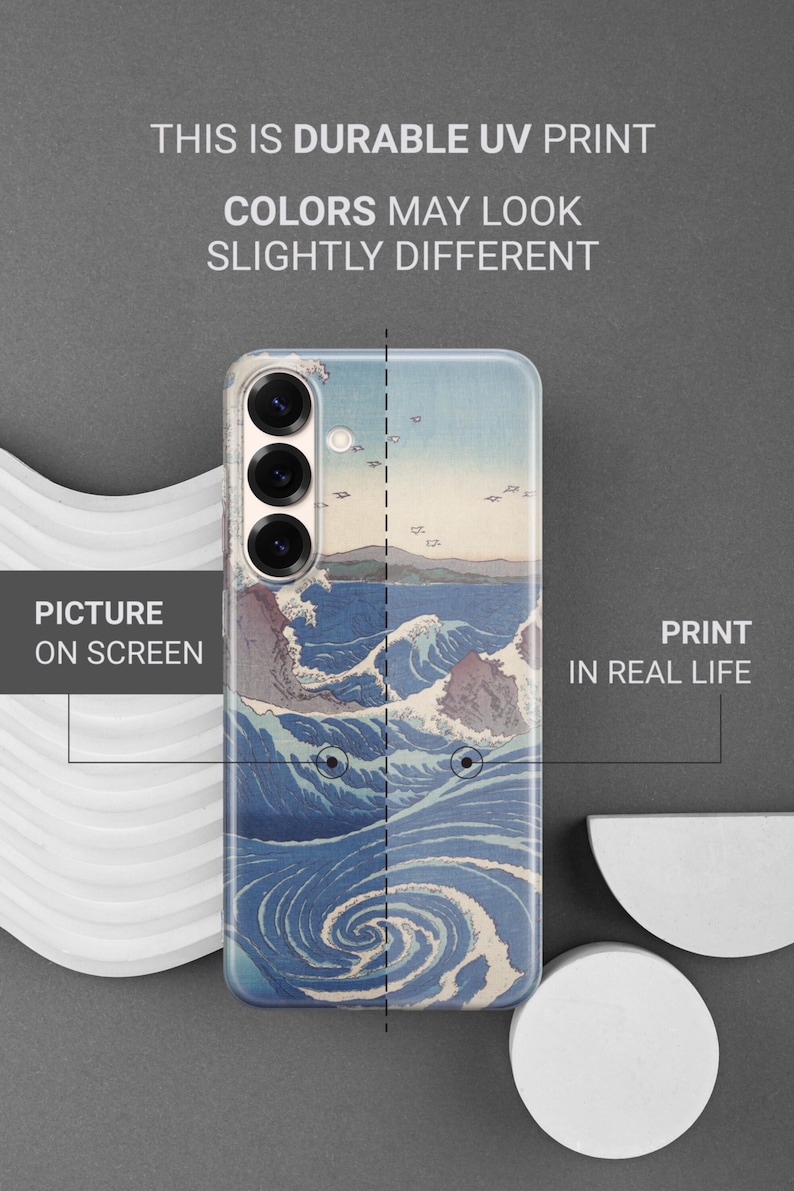 May include: A smartphone case featuring a blue and white ocean wave print. Text on the image reads: THIS IS DURABLE UV PRINT, COLORS MAY LOOK SLIGHTLY DIFFERENT, PICTURE ON SCREEN, PRINT IN REAL LIFE. The case has three circular camera cutouts.