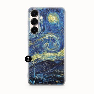 May include: A rectangular smartphone case featuring a reproduction of The Starry Night painting with swirling blue and yellow brushstrokes, a bright yellow moon, and a dark village silhouette. The case has three circular camera lens cutouts.