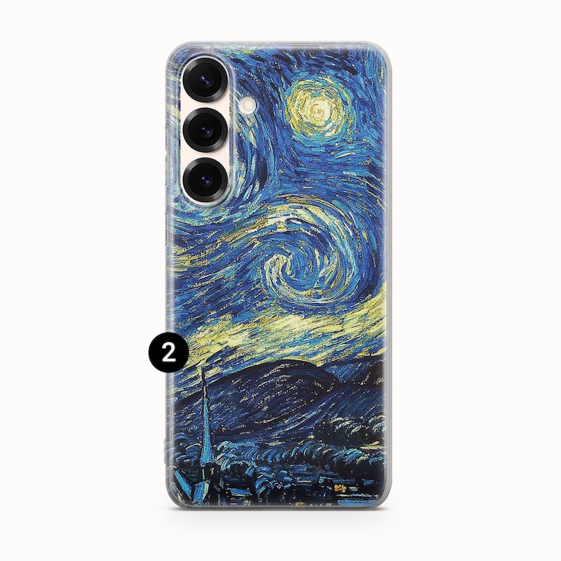 May include: A rectangular smartphone case featuring a reproduction of The Starry Night painting with swirling blue and yellow brushstrokes, a bright yellow moon, and a dark village silhouette. The case has three circular camera lens cutouts.