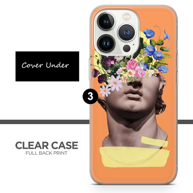 May include: A clear phone case with a full back print of a sculpture with flowers growing out of its head. The background is orange.