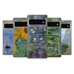 May include: Five different phone cases featuring famous paintings by Claude Monet. The cases are all clear and show the paintings in their entirety. The paintings include Water Lilies, Sunflowers, The Japanese Footbridge, and a woman in a blue dress.