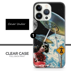 May include: A clear phone case with a full back print of a woman wearing a red shirt with the text "Earth Sucks" and sunglasses. The background is a collage of a starry sky, a moon, and flying saucers.
