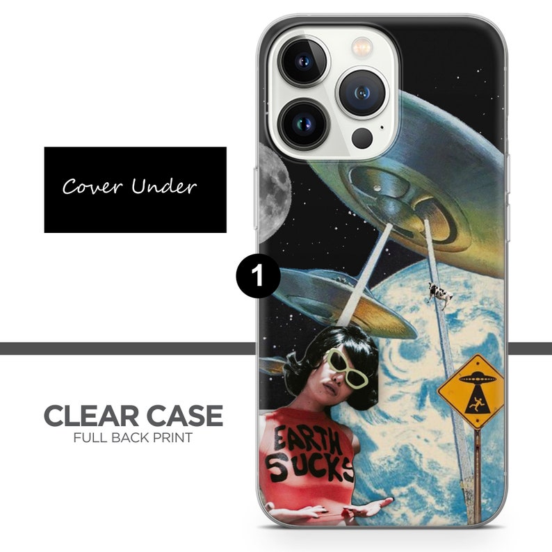 May include: A clear phone case with a full back print of a woman wearing a red shirt with the text "Earth Sucks" and sunglasses. The background is a collage of a starry sky, a moon, and flying saucers.