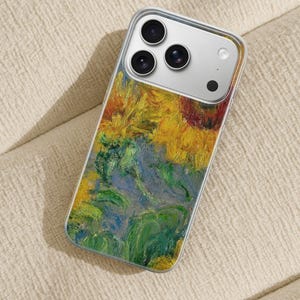 May include: A clear smartphone case featuring a printed reproduction of an oil painting with thick, textured brushstrokes in shades of yellow, orange, green, and blue. The case has a rectangular cutout for a triple-lens camera system and flash.