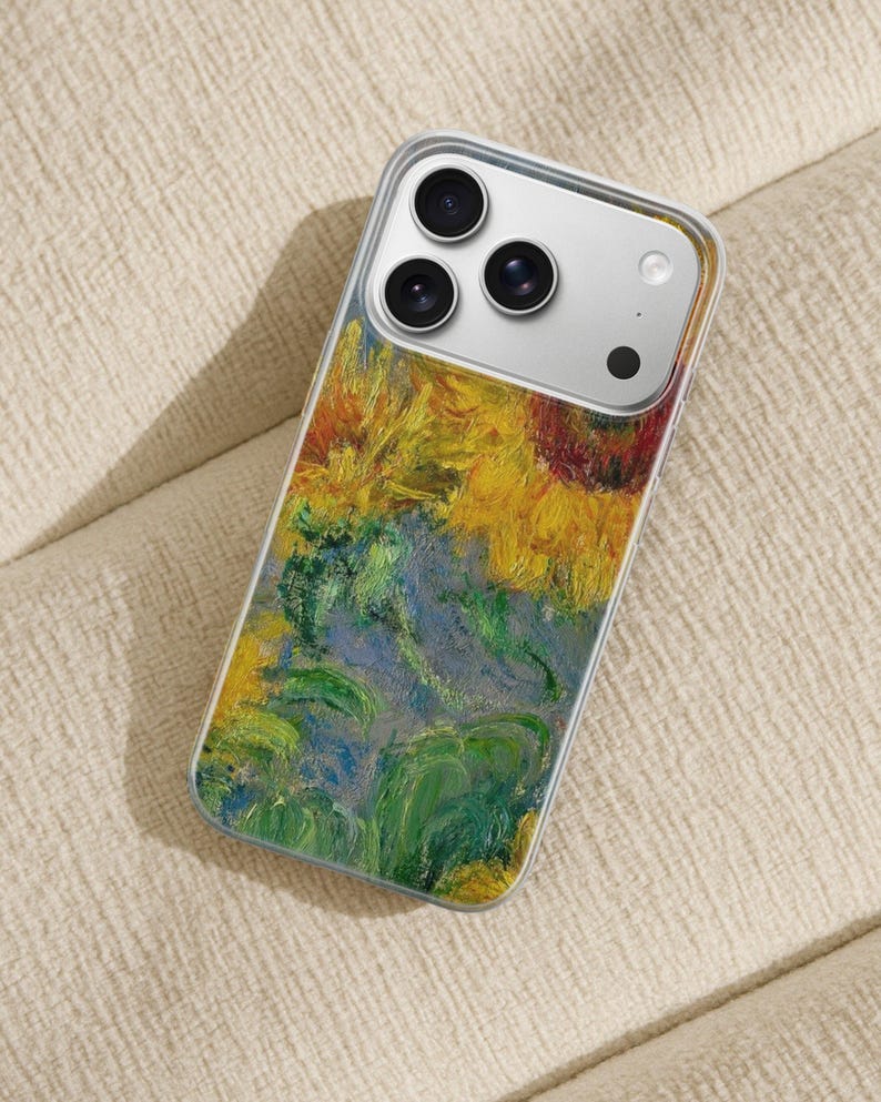 May include: A clear smartphone case featuring a printed reproduction of an oil painting with thick, textured brushstrokes in shades of yellow, orange, green, and blue. The case has a rectangular cutout for a triple-lens camera system and flash.