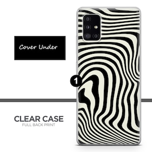 May include: A clear phone case with a black and white abstract pattern. The case is designed for a Samsung Galaxy phone with a triple camera lens. The case has a full back print.