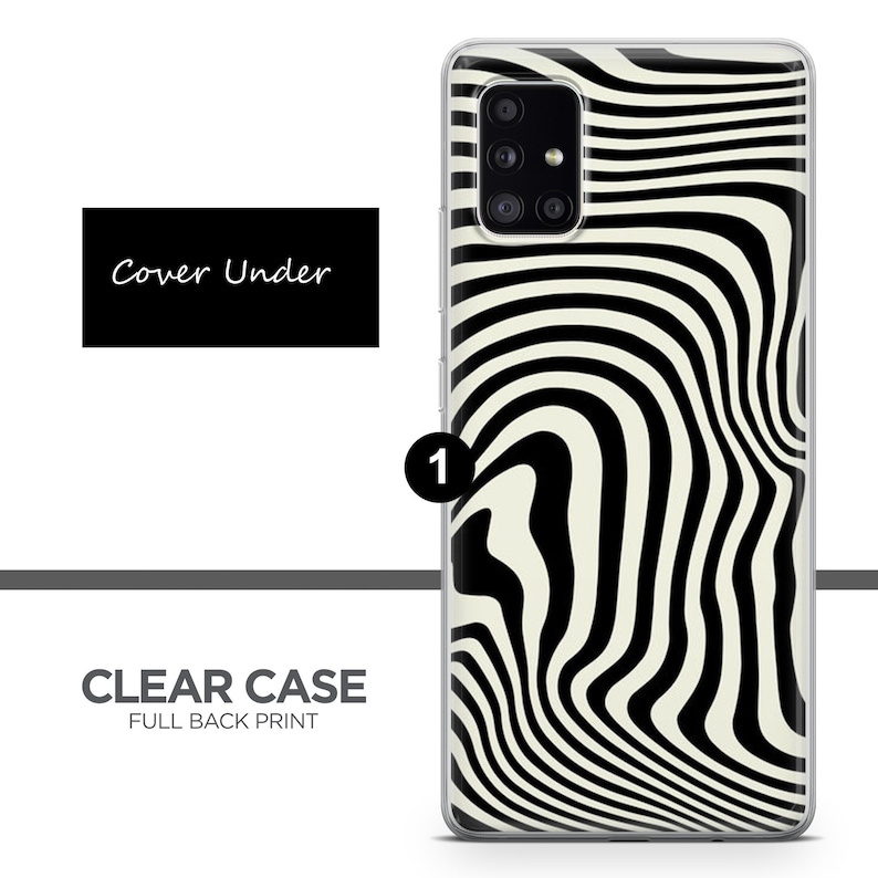 May include: A clear phone case with a black and white abstract pattern. The case is designed for a Samsung Galaxy phone with a triple camera lens. The case has a full back print.