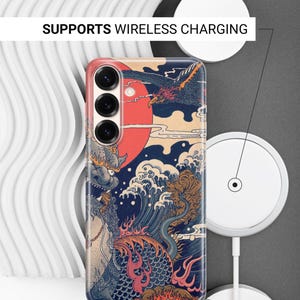 May include: A rectangular smartphone case featuring a graphic print of a dragon, waves, and a large red sun. The case has three circular camera cutouts. Text on the image states: SUPPORTS WIRELESS CHARGING and SIDES ARE NOT PRINTED.