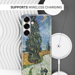 May include: A rectangular phone case featuring a reproduction of a Vincent van Gogh painting with a tall cypress tree, a wheat field, and a crescent moon. The text SUPPORTS WIRELESS CHARGING and SIDES ARE NOT PRINTED is visible on the image.