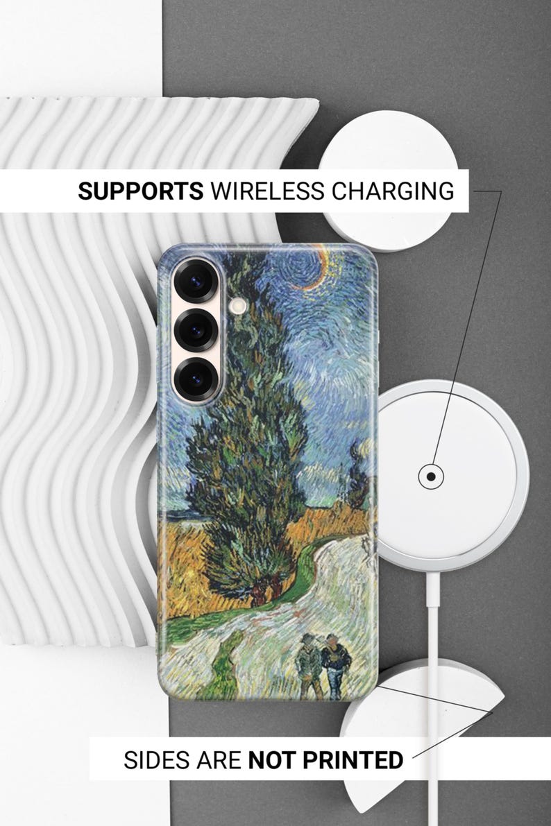 May include: A rectangular phone case featuring a reproduction of a Vincent van Gogh painting with a tall cypress tree, a wheat field, and a crescent moon. The text SUPPORTS WIRELESS CHARGING and SIDES ARE NOT PRINTED is visible on the image.